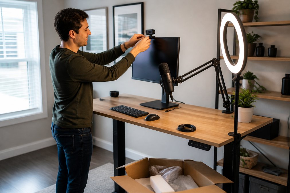 Professional remote worker at properly arranged ergonomic standing desk with monitor elevated to eye level, external webcam mounted on top, ring light positioned to side, quality microphone on arm stand, organized well-lit home office setup