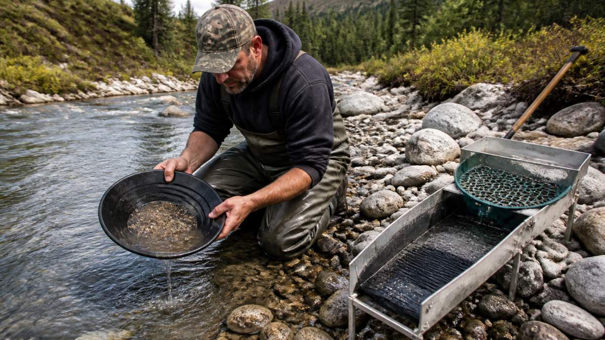 A hobbyist prospector kneeling beside a rocky stream, holding a gold pan filled with gravel and water, with a sluice box and classifier visible on the bank nearby, natural daylight