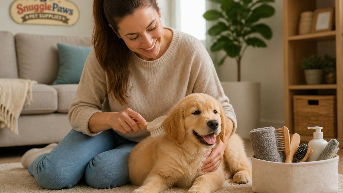 Step-by-step infographic illustrating the gentle process of brushing a puppy’s coat for a positive grooming experience