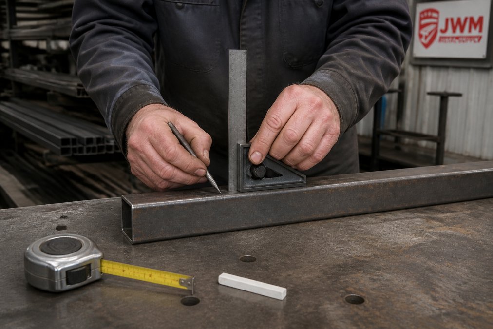 Close-up of a fabricator's hands using a combination square and scribe to mark a cut line on a length of square steel tubing on a workbench, with a tape measure and soapstone nearby, warm shop lighting