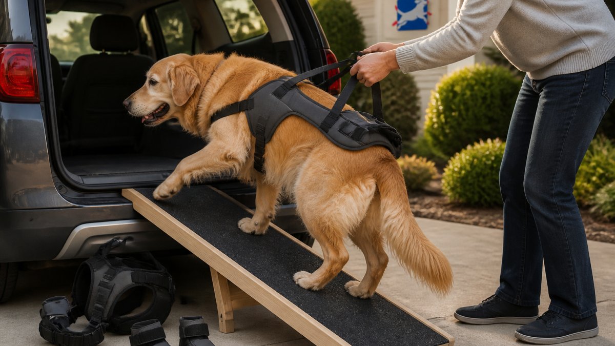 A person using a support harness to guide a senior dog up a wooden ramp into an SUV at sunrise.