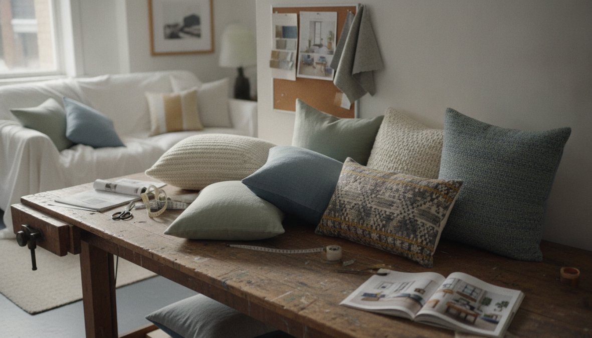 Bright, inviting living room with a neutral sofa layered with throw pillows in complementary earth tones, a cozy plush throw blanket draped over the armrest, and a patterned area rug anchoring the seating area in warm natural light