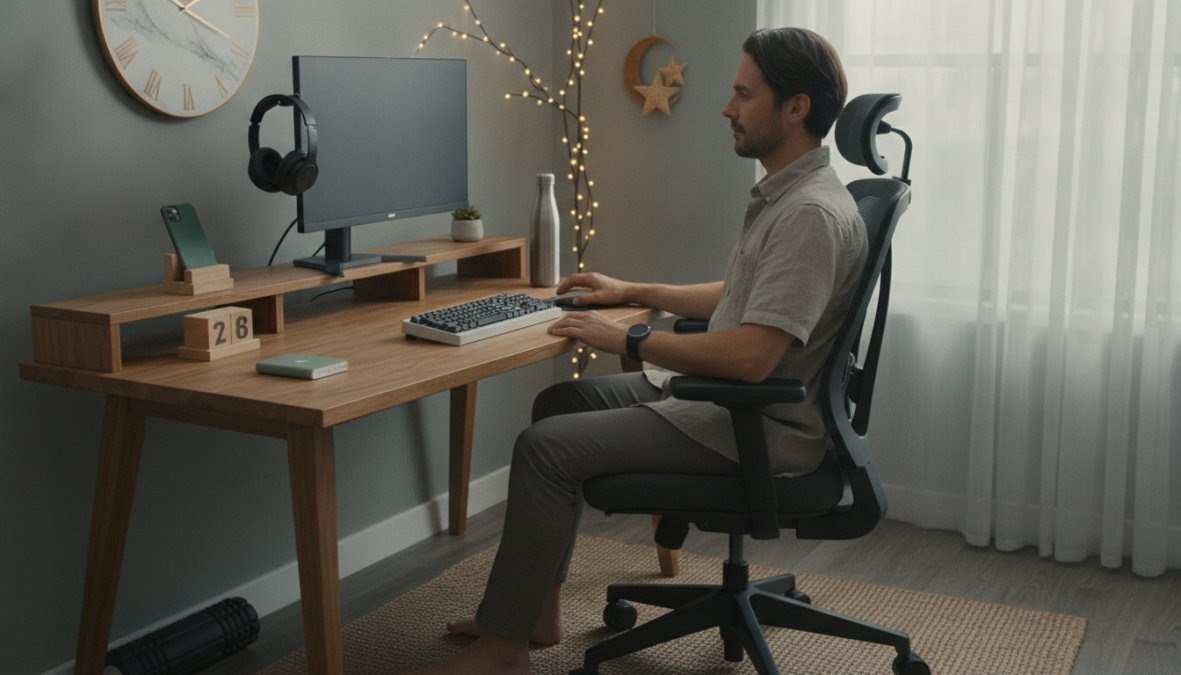 Professional sitting at home office desk in ergonomic chair with proper posture, monitor at eye level, natural window lighting