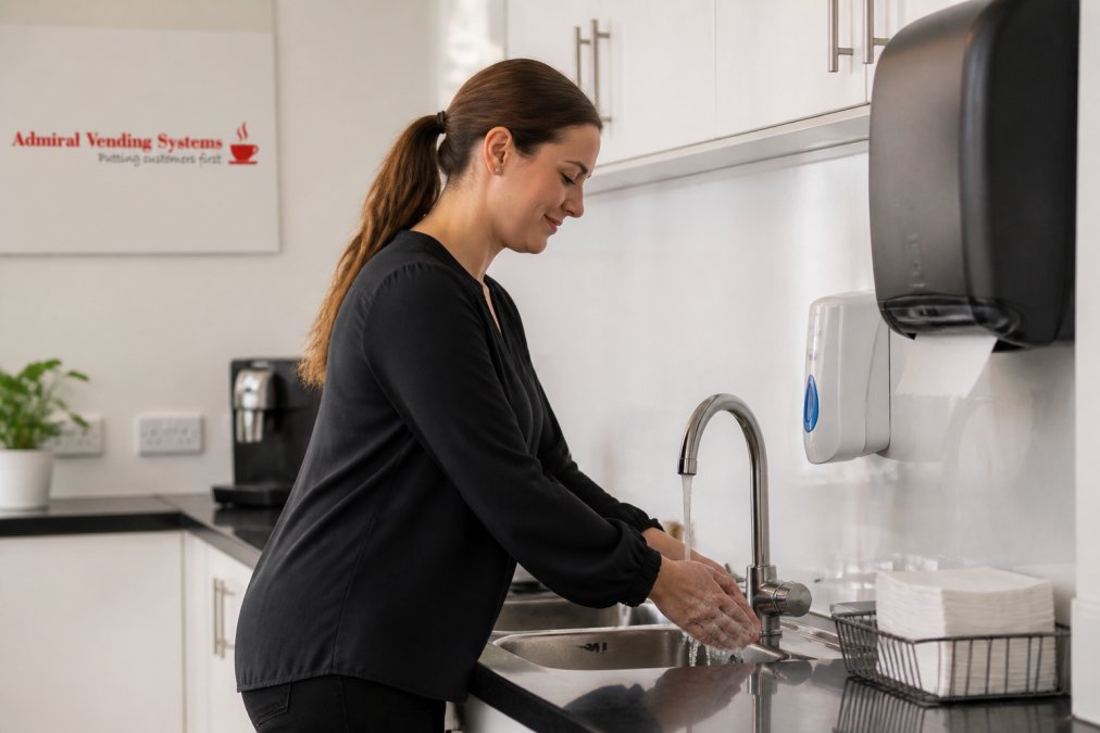 Employee washing hands at a clean office sink, following essential hygiene protocols for shared office kitchens.