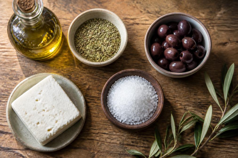 Infographic displaying the essential pantry ingredients required for authentic Greek cooking.