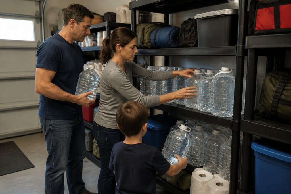 A family packing clear plastic water storage containers into a designated emergency supply shelf in a neat garage