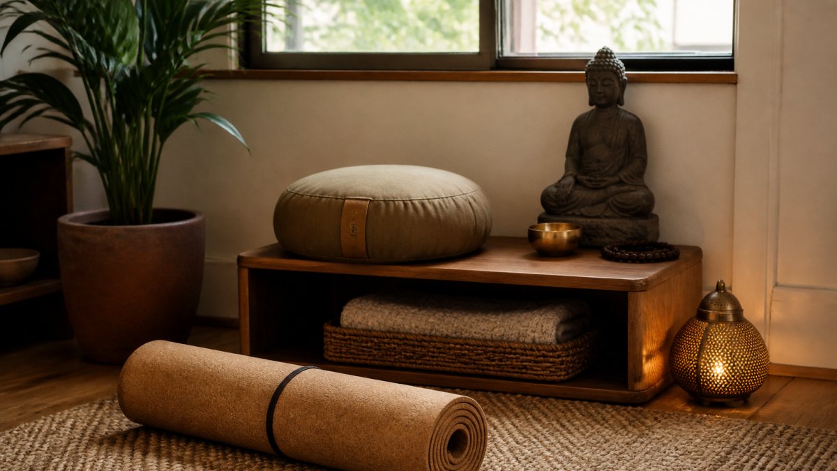 A cozy zen meditation corner with a cork mat, zafu cushion on a wooden shelf, and soft light from a nearby window.