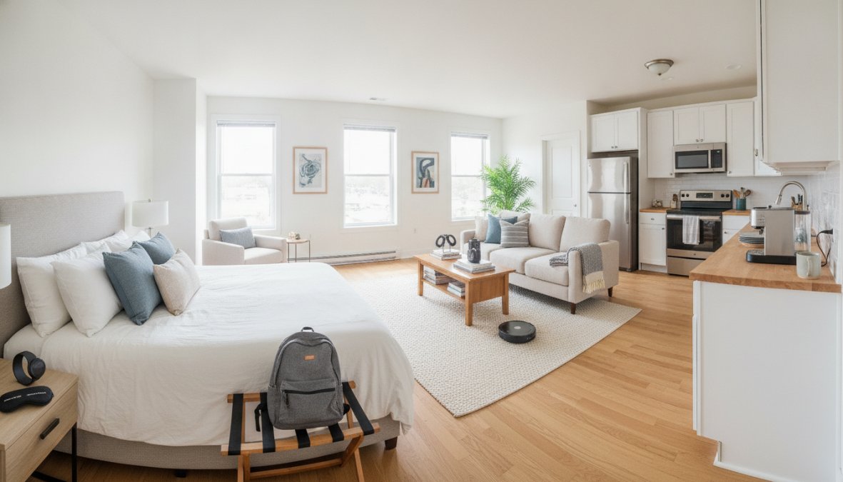 Bright, newly furnished apartment showing a made bed with fresh sheets and pillows in the foreground, organized kitchen with cookware visible in the background, and a comfortable sofa in the living area with warm natural lighting