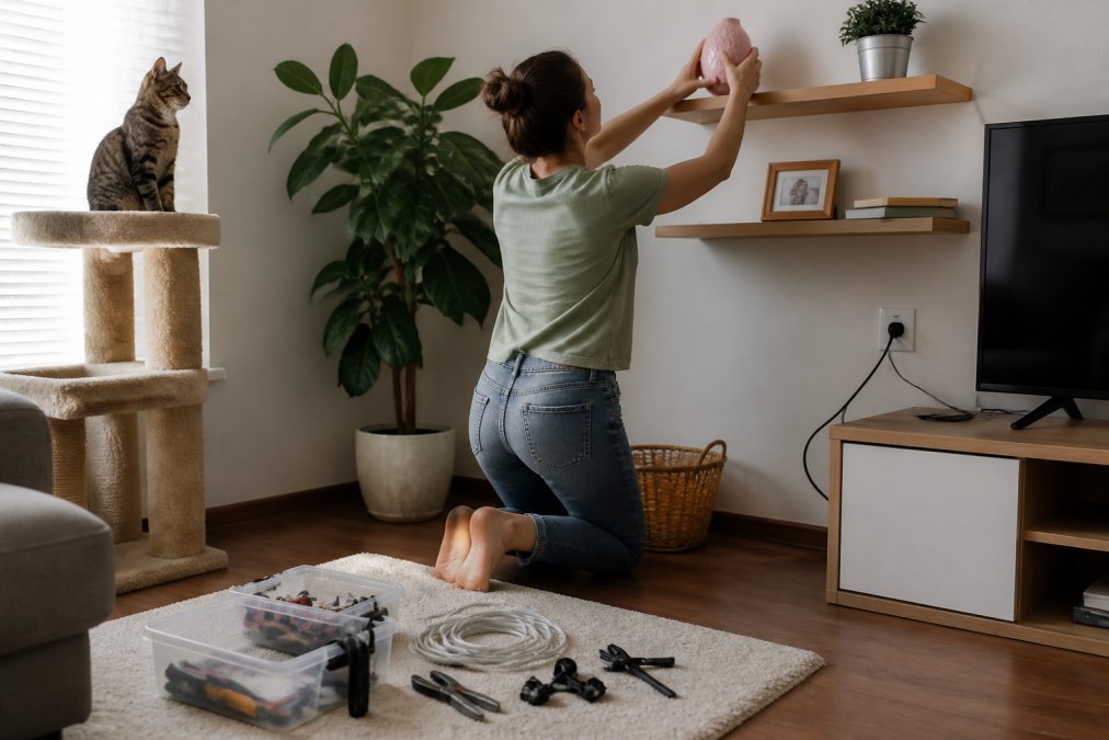A person kneeling in a bright living room, securing electrical cords with clips and moving a small breakable vase onto a high shelf while a curious tabby cat watches from a nearby cat tree