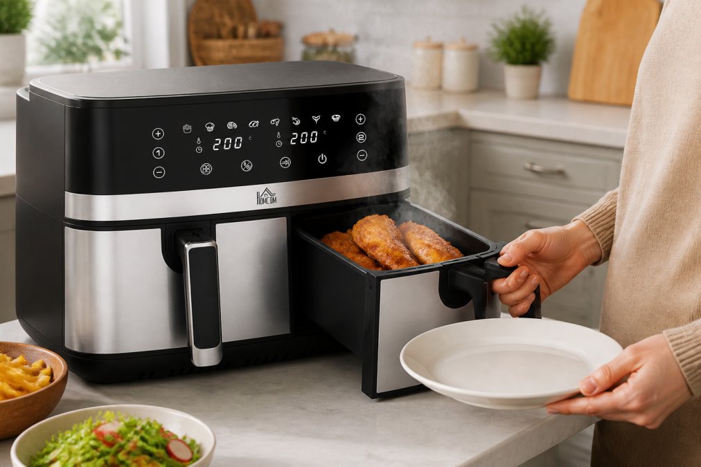 Golden, crispy food being removed from an air fryer basket in a modern kitchen, steam rising, with someone holding a plate ready to serve