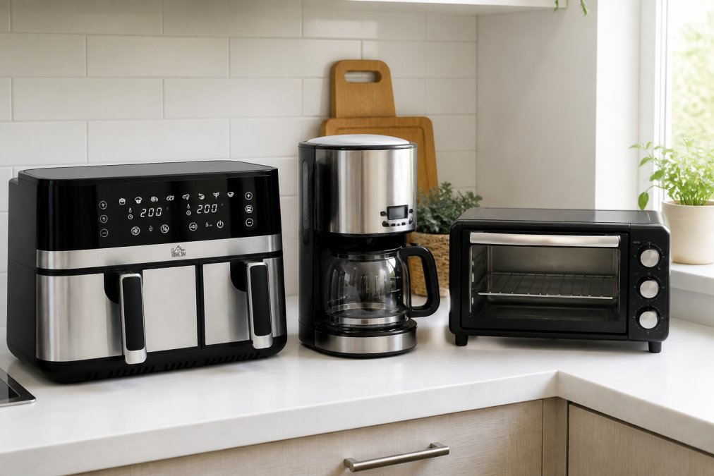 Bright, modern kitchen with multiple compact appliances neatly arranged on countertops, air fryer, coffee machine, mini oven, showing an organised, efficient cooking space with natural daylight