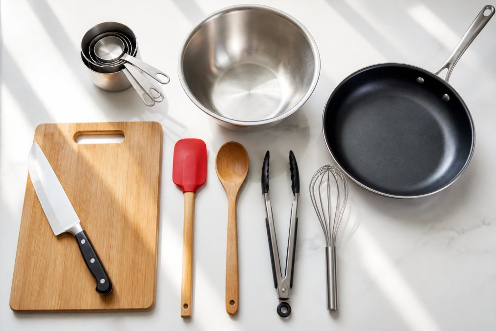 Overhead flat-lay of essential kitchen tools arranged on a clean white countertop including chef's knife, reversible cutting board, non-stick pan, measuring cups, stainless steel mixing bowl, silicone spatula, wooden spoon, tongs, and whisk in natural window light