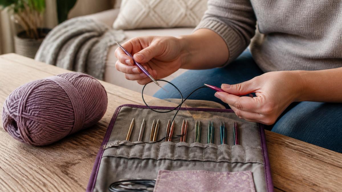 Step-by-step guide showing how to select interchangeable circular knitting needles from a fabric case.