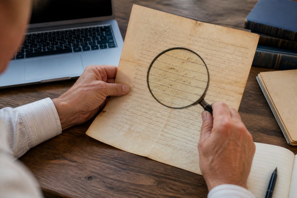 A researcher's hands holding an old, official property deed document with a magnifying glass over the legal text, on a wooden desk with a laptop nearby