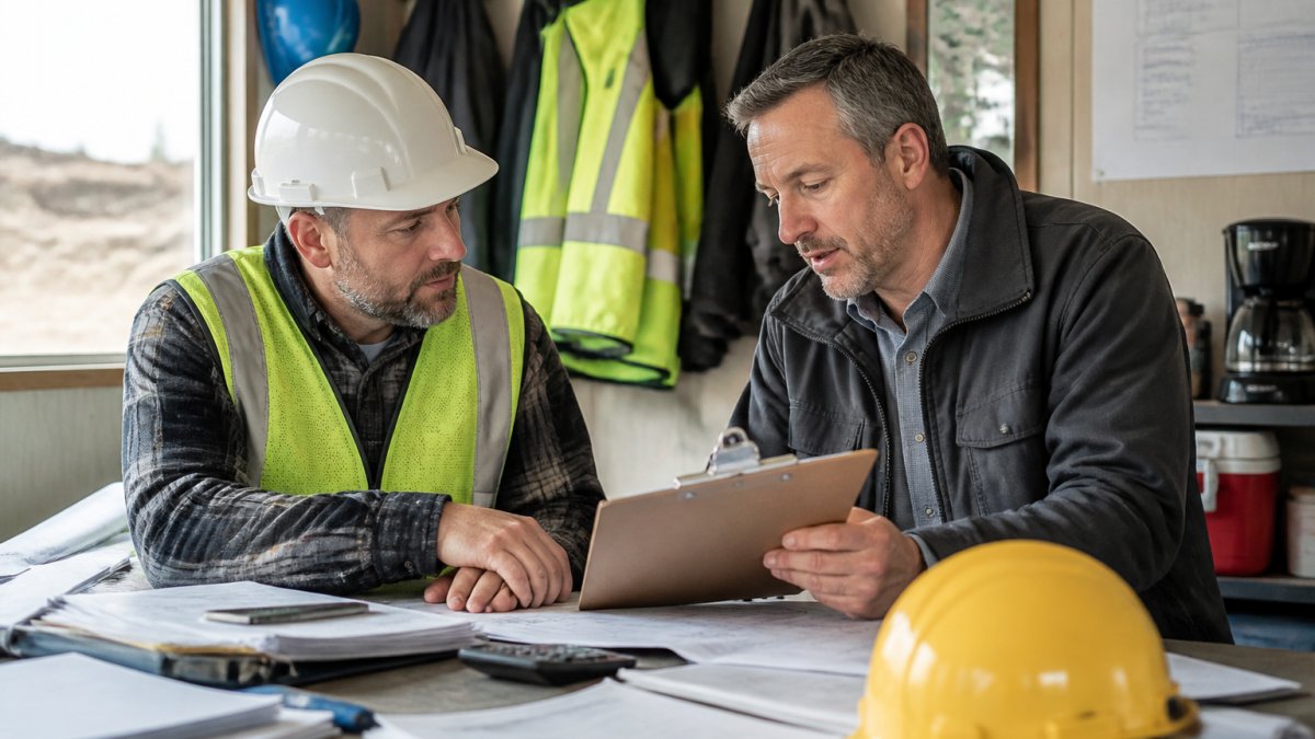 A construction business owner and an insurance agent reviewing paperwork and a clipboard at a job site trailer, safety gear visible in the background