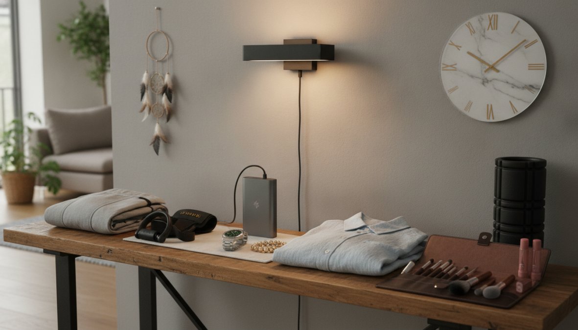Modern minimalist home interior with curated tech gadgets, wireless charging devices, smart home speakers, and wellness products arranged on shelves with natural lighting