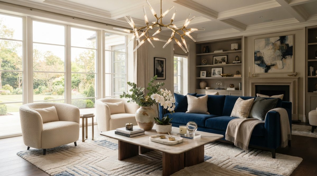 An elegant living room interior featuring a sculptural chandelier, layered textiles, and curated objects on a coffee table, bathed in natural light