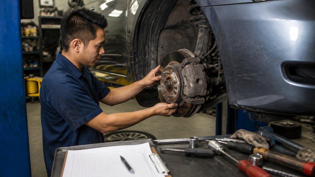 Mechanic inspecting brake pads on a sedan for a 150,000 miles maintenance checkup