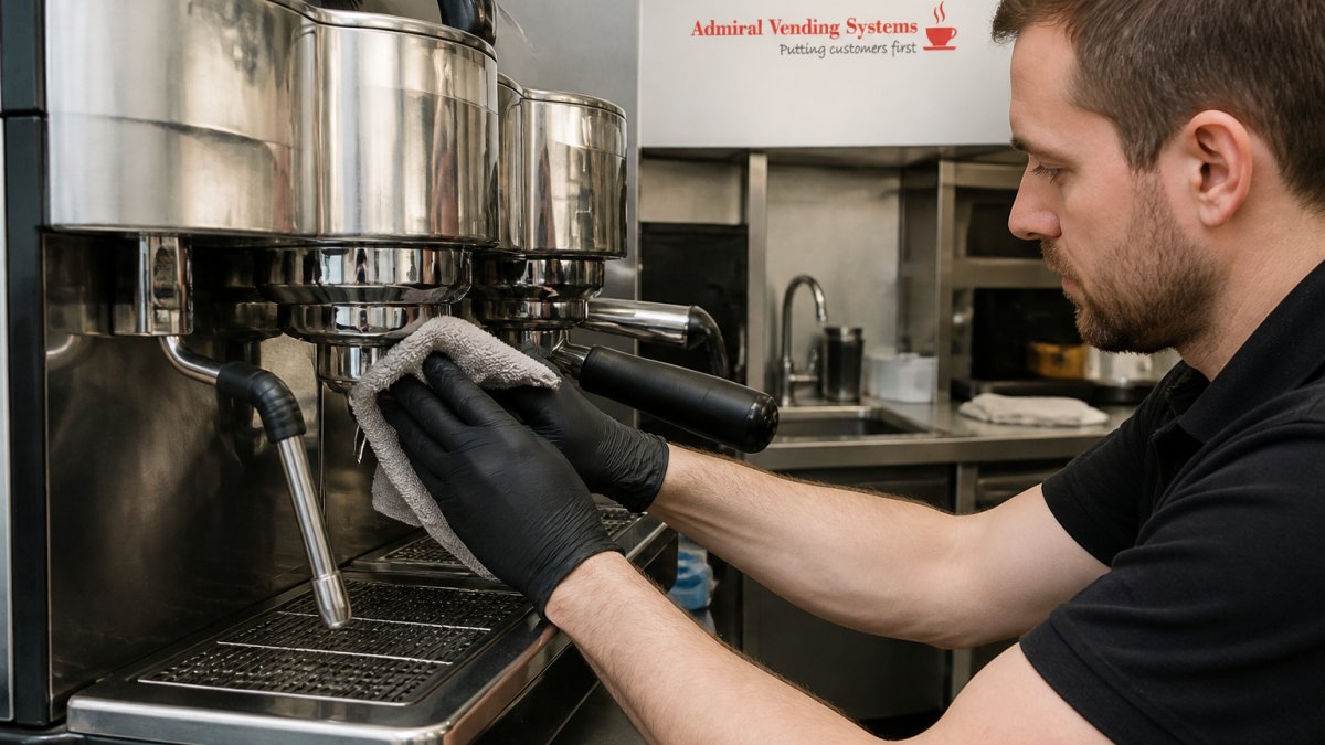 Close-up of a worker in a commercial kitchen wiping down the group head of a stainless steel bean to cup coffee machine with a cloth, steam wand visible in background