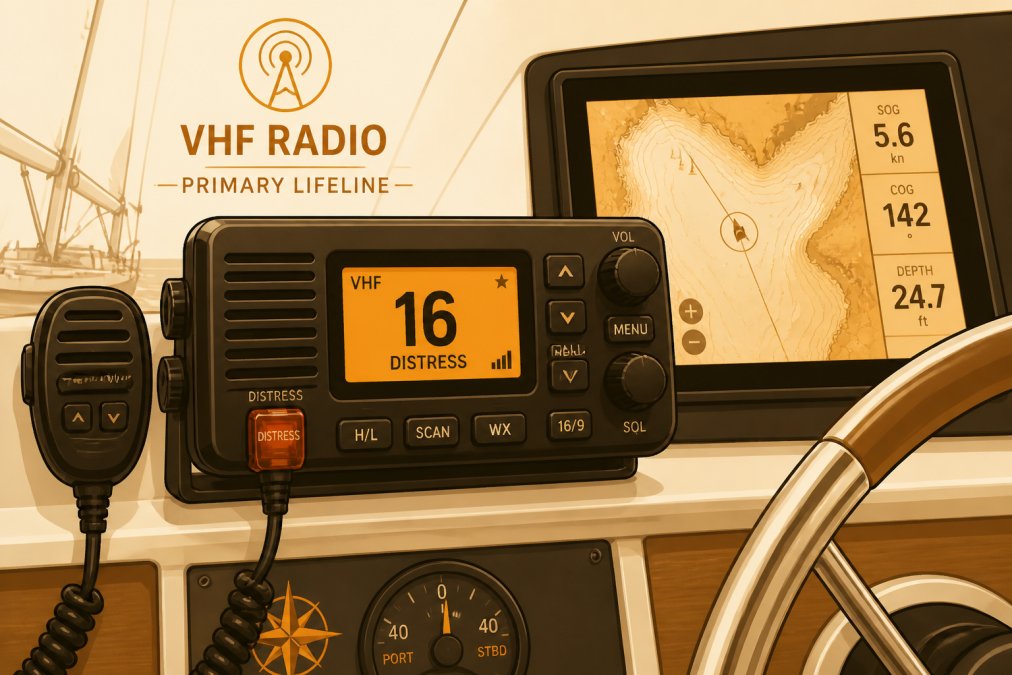Close-up of a fixed-mount VHF marine radio installed at a sailboat helm station, the display lit and tuned to Channel 16, with a chartplotter screen visible in the background under bright natural light
