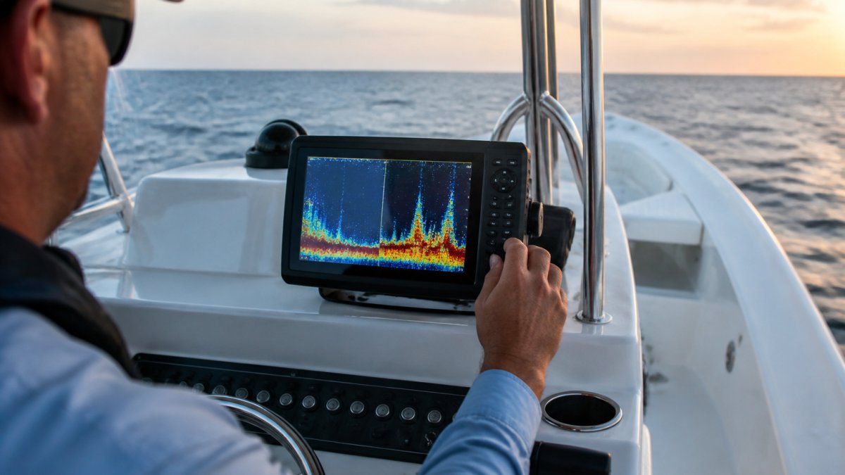 Diagram showing how 7-inch sonar displays interpret deep saltwater depth and fish structures for anglers