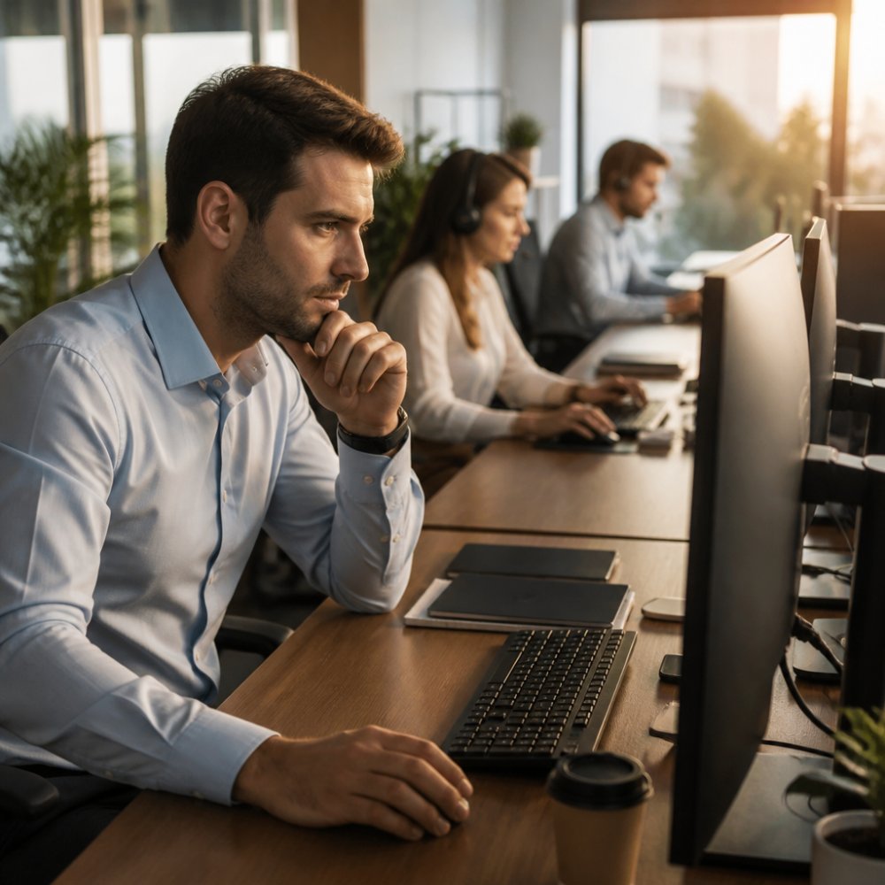 Professional sales team member reviewing essential metrics for measuring outbound sales team performance on multiple monitors at a modern office desk, with colleagues working in background