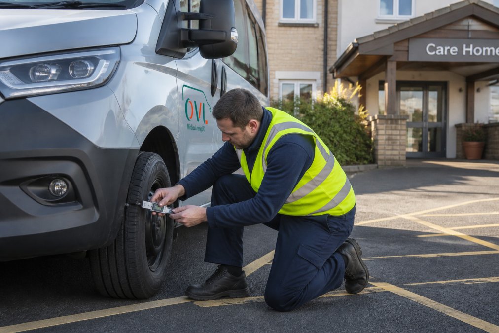 A transport coordinator in a hi-vis vest kneeling beside a modern minibus on a care home car park, using a tyre tread depth gauge, with clear morning light
