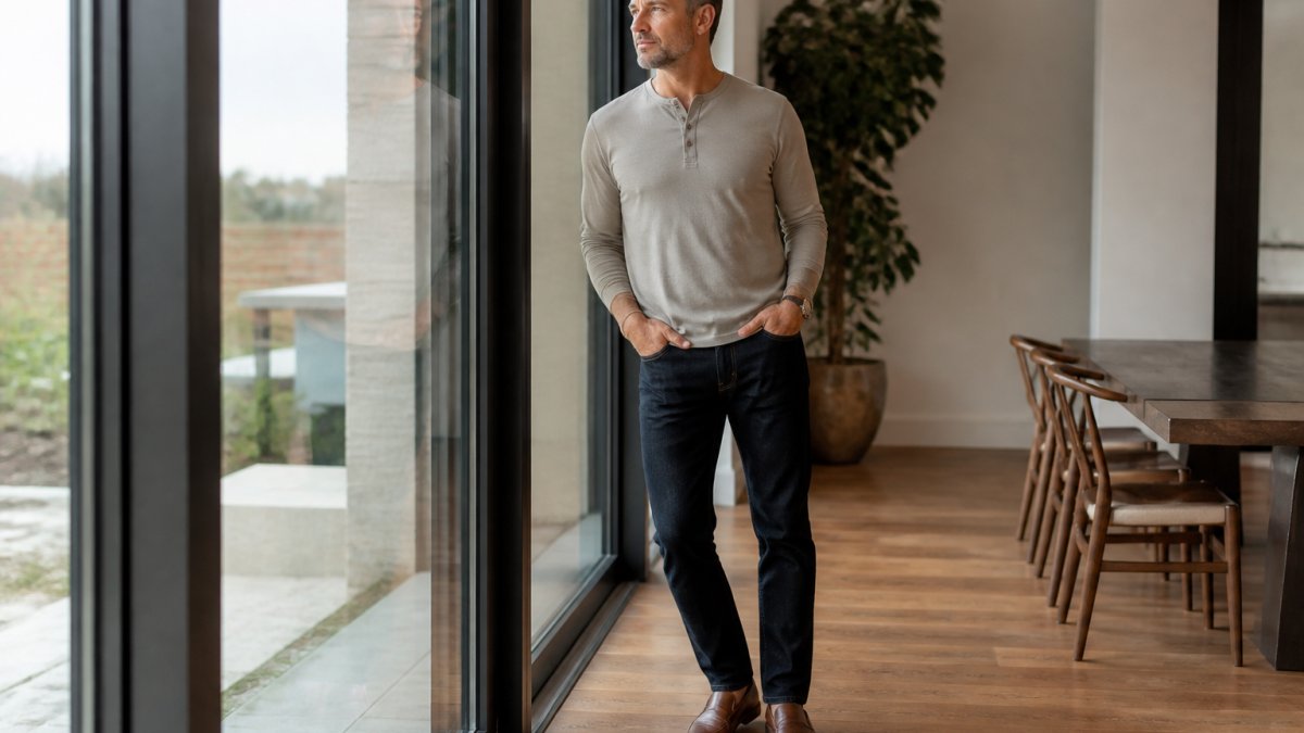 Man in his 40s wearing a neutral long-sleeve henley, dark jeans, and leather loafers standing by a window