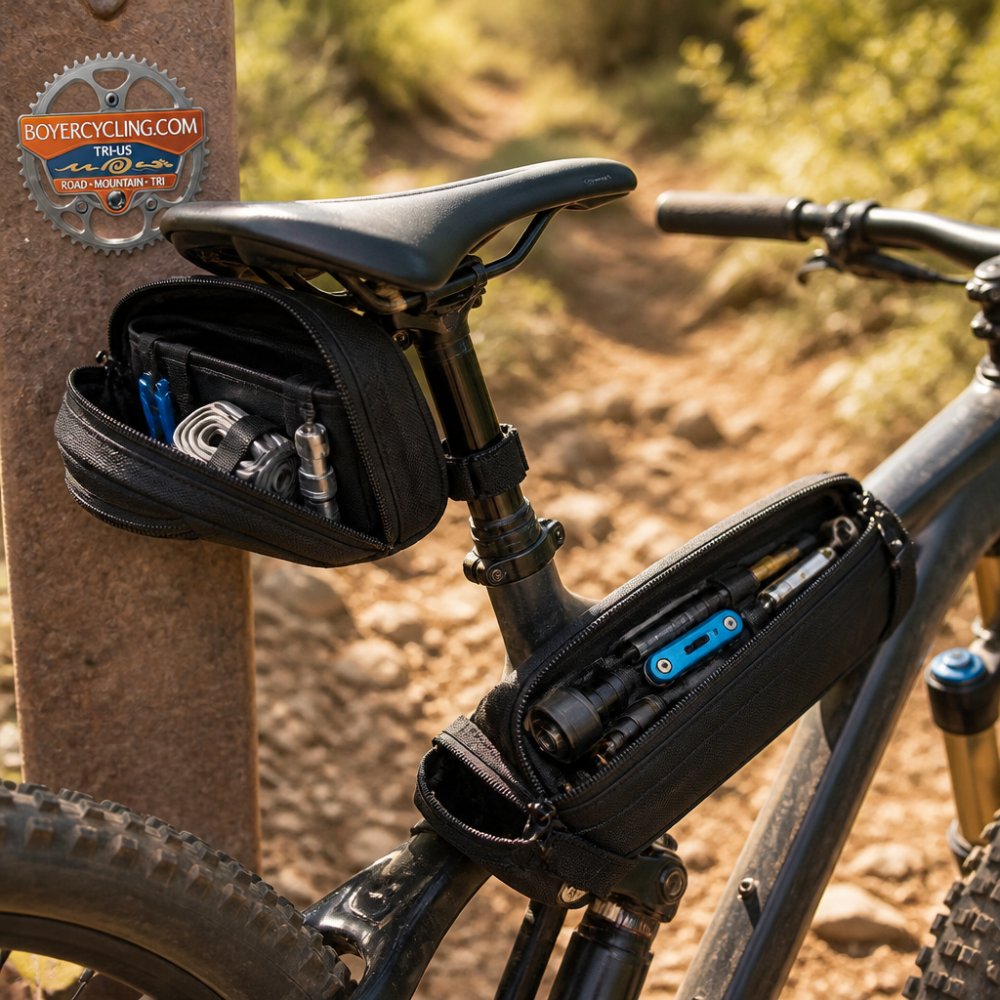 Close-up of a mountain biker's seat bag and frame bag mounted on a trail bike, showing repair tools organized in compartments with the bike leaning against a trail marker in afternoon sunlight