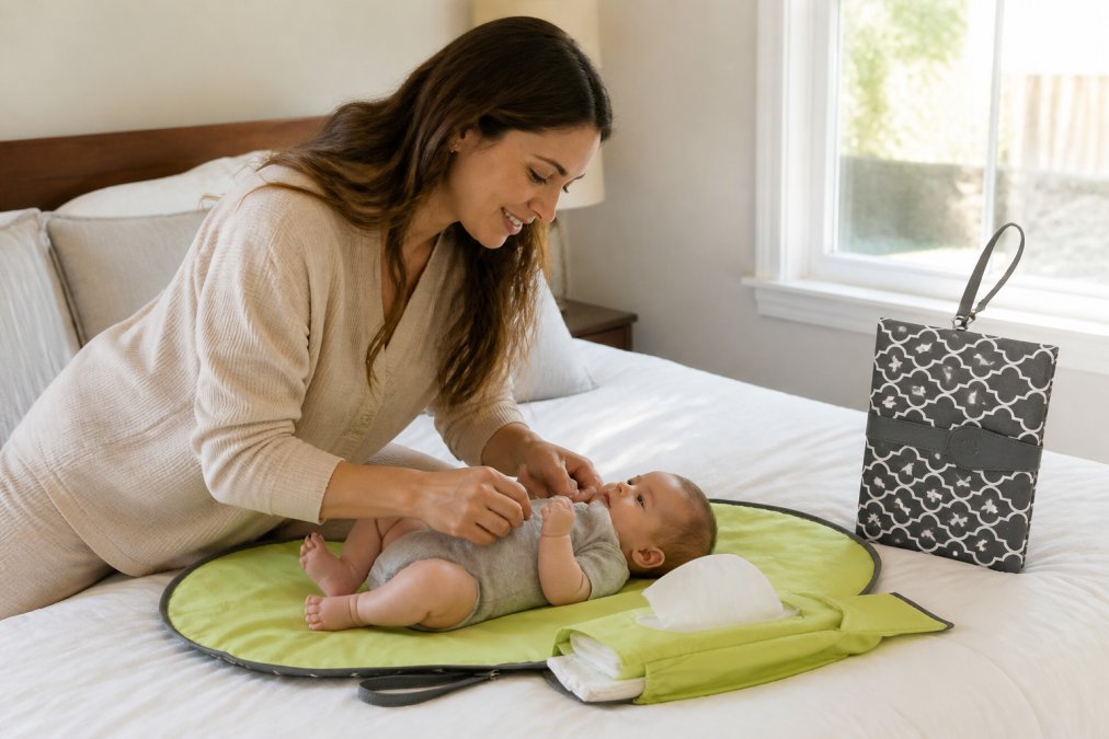 Parent using a convertible diaper bag that unfolds into a changing station on a bed, with organized compartments visible, soft natural light from window