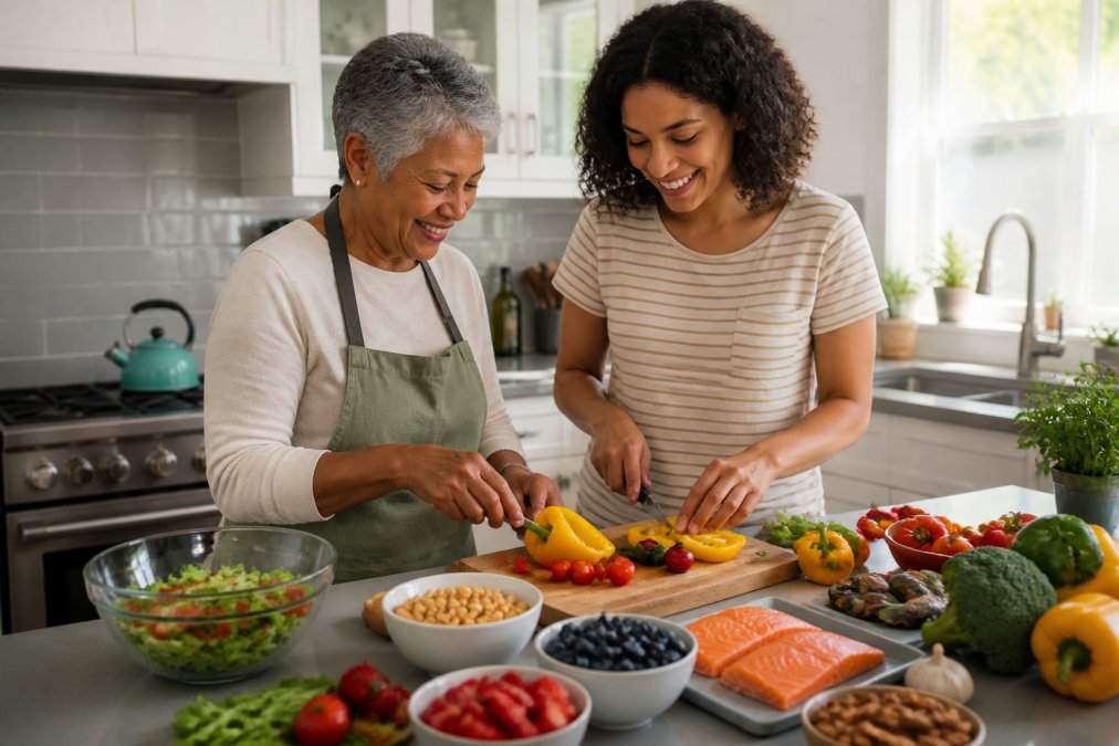 An older adult and younger family member cooking a nutrient-dense meal together to support healthy aging.