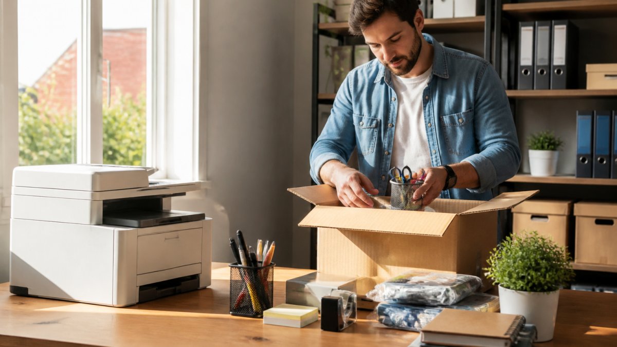 A startup founder unpacking office supplies in a bright, minimal workspace, with a printer and stationery visible on a wooden desk, morning light through a window