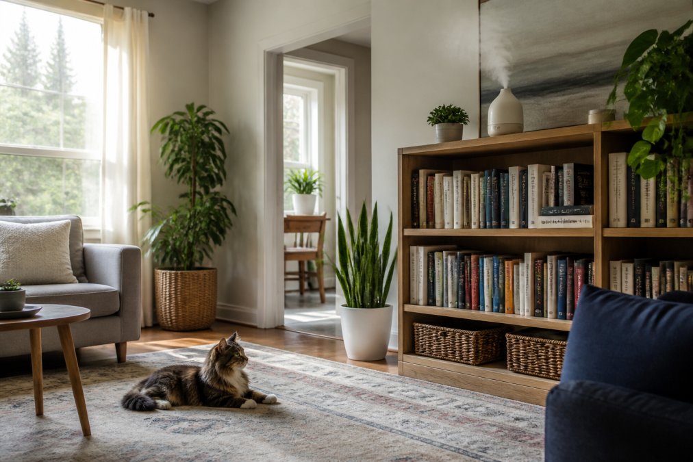 Diagram showing safe placement of a room diffuser on a high shelf away from a cat in a ventilated space