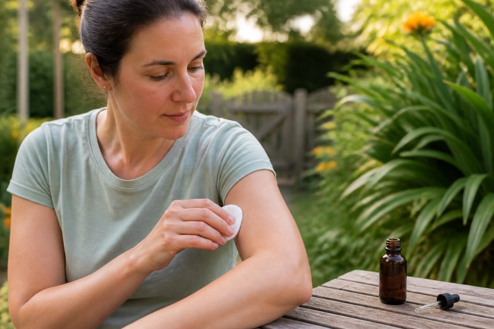 Person carefully applying diluted essential oil repellent to their forearm outdoors in a natural garden setting, demonstrating proper topical application technique with a cotton pad