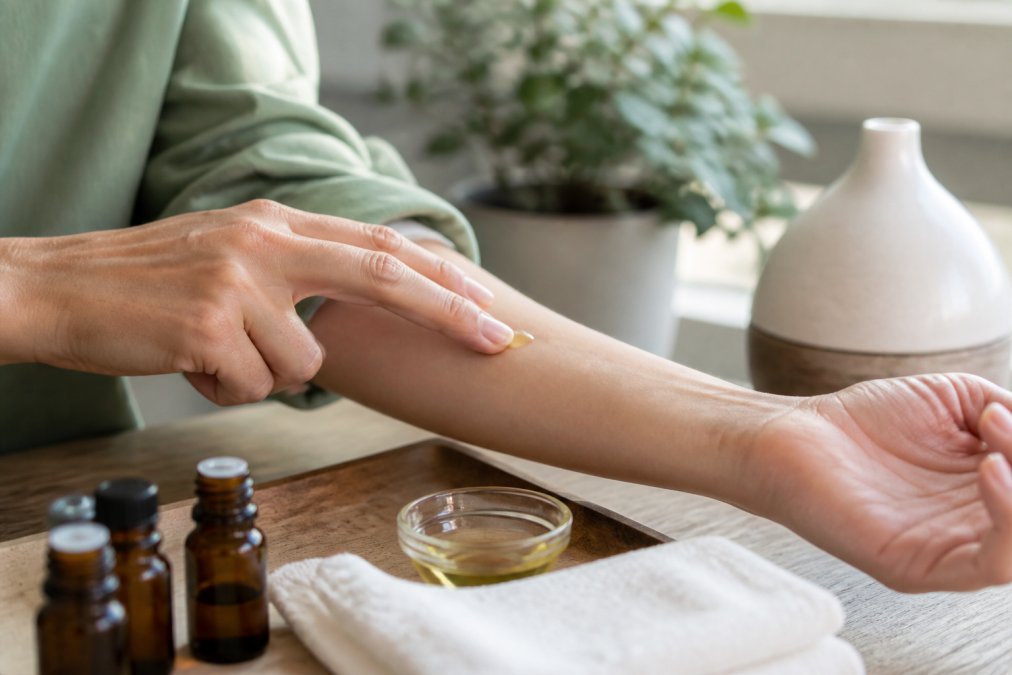 Applying a drop of diluted oil to a forearm for essential oil safety patch testing in a calm home setting.