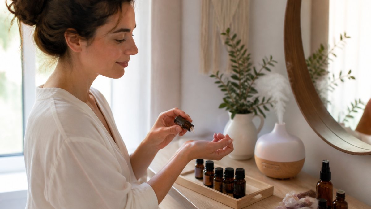 A woman sitting at a calm, softly lit vanity table, holding a small amber essential oil bottle and applying a drop to her wrists, with a diffuser releasing light mist in the background