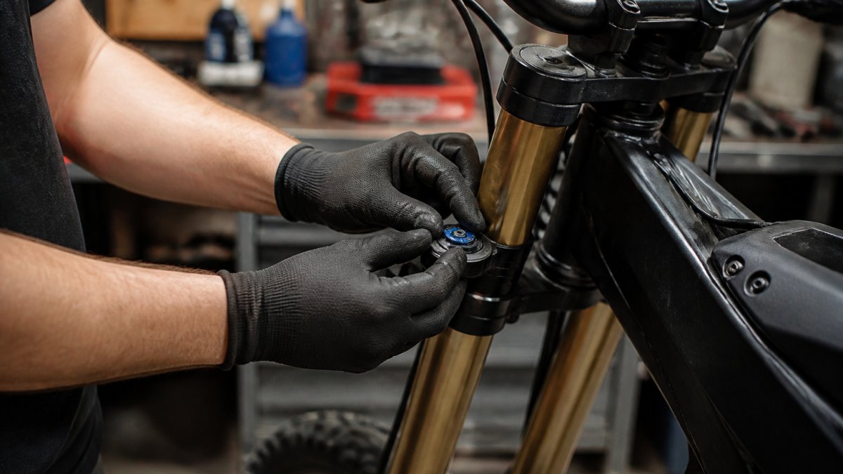 Gloved hands adjusting the compression clickers on an electric dirt bike fork in a workshop