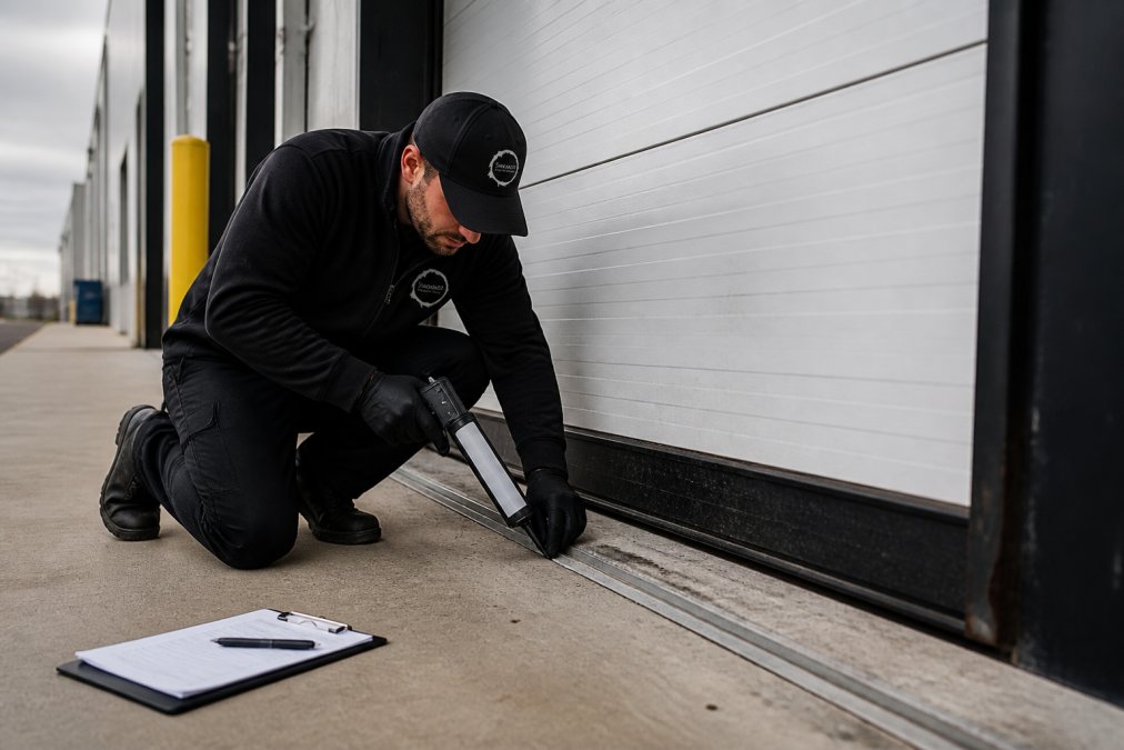Pest control technician in uniform kneeling at a loading dock door, sealing a gap along the threshold with hand tools and sealant, clipboard beside him, overcast daylight
