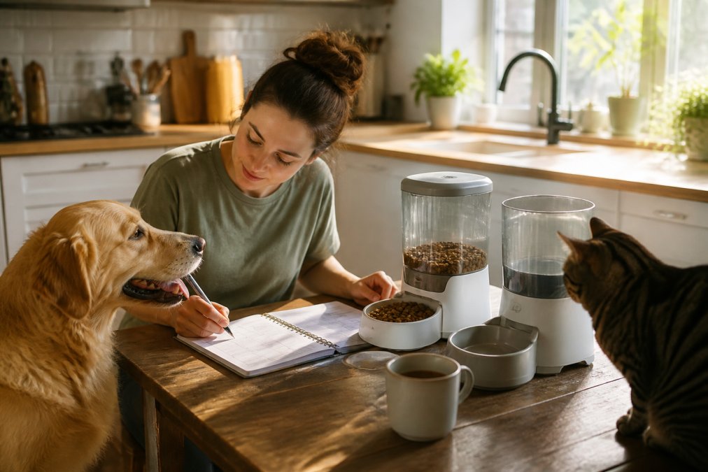 Pet owner sitting at kitchen table with their dog and cat nearby, reviewing a written care schedule and setting up automatic feeders while morning sunlight streams through windows