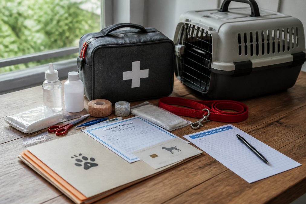 Pet emergency kit spread across a wooden table, containing first aid supplies, medical records folder, vaccination certificates, microchip information card, pet carrier, leash, and emergency contact list, with natural window lighting