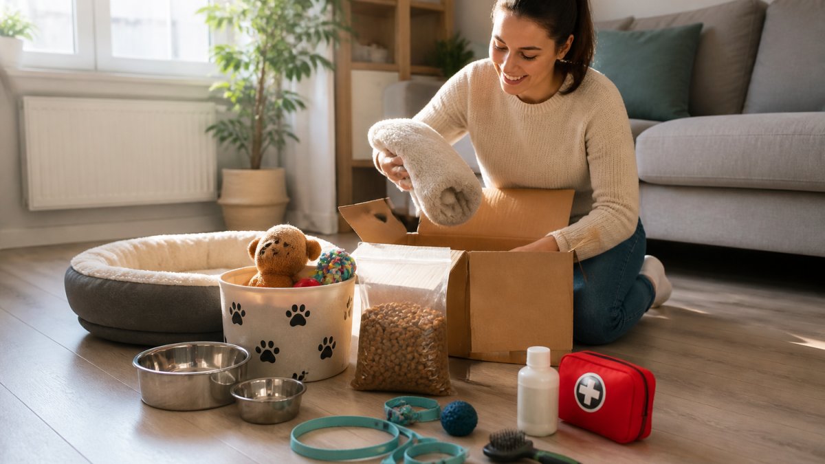 New pet owner unpacking and arranging essential supplies including food bowls, bedding, toys, collar, and first-aid items on a living room floor with natural sunlight