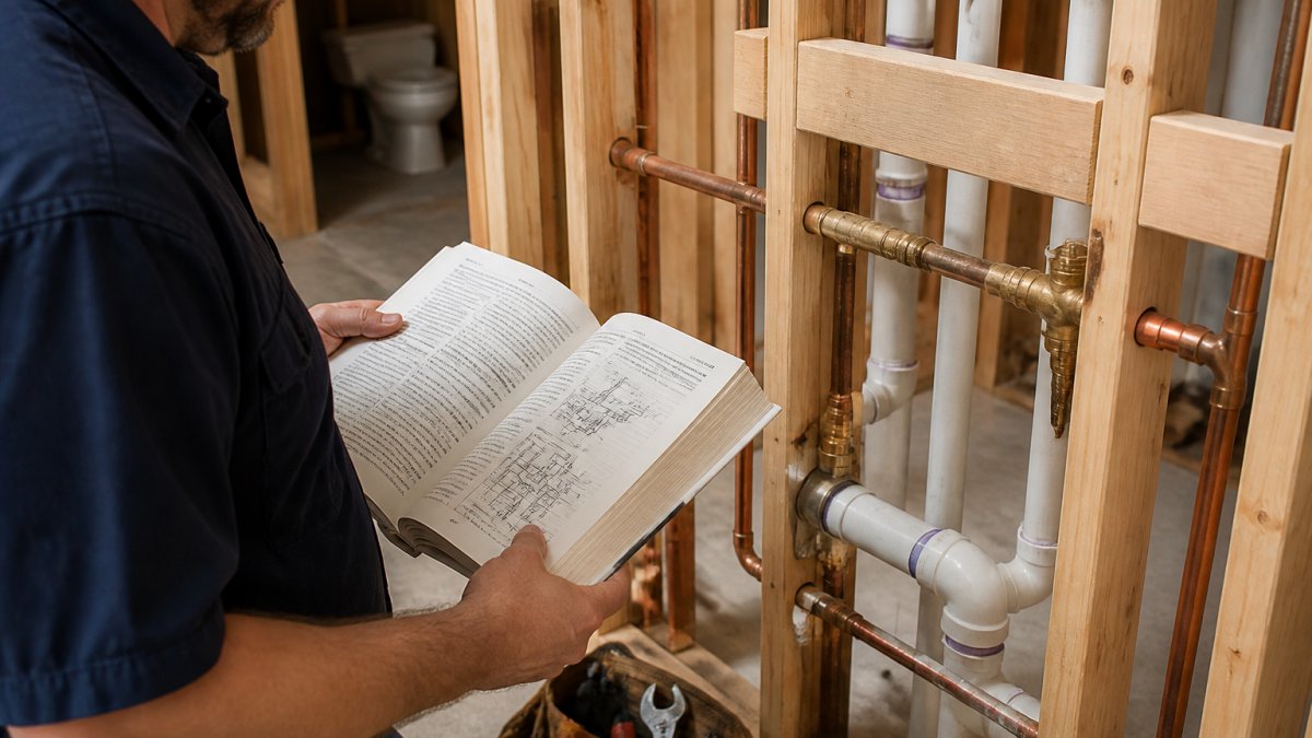 Licensed plumber on residential jobsite holding open plumbing code book while inspecting exposed pipe connections, with tools and fixtures visible in background