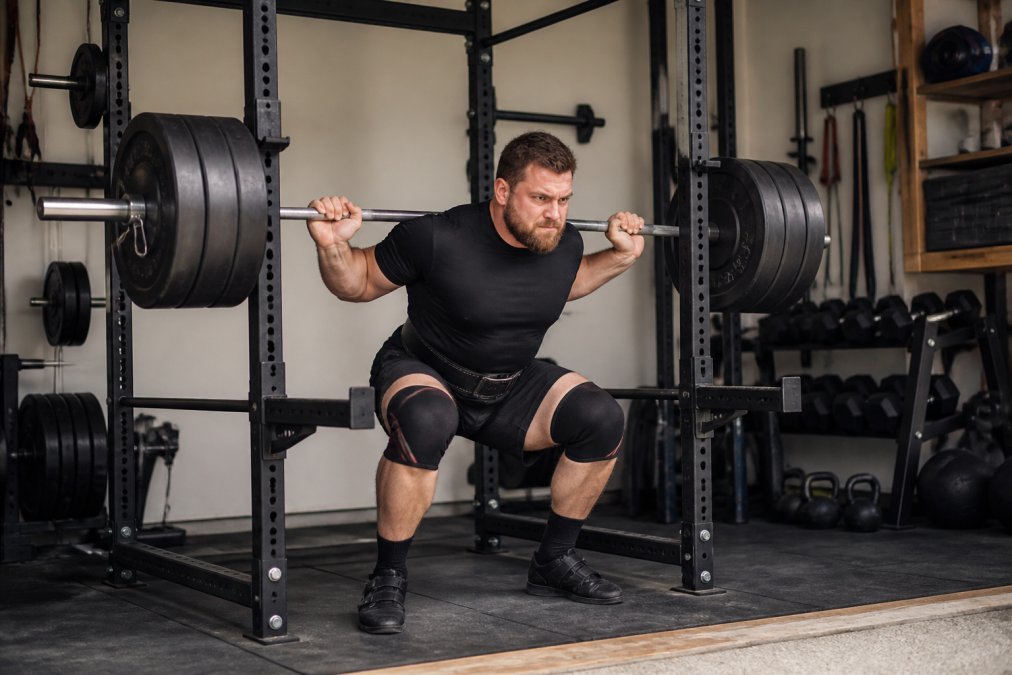 Serious powerlifter performing heavy barbell squat in well-equipped garage gym with commercial power rack, loaded Olympic barbell, weight plates, and safety bars visible