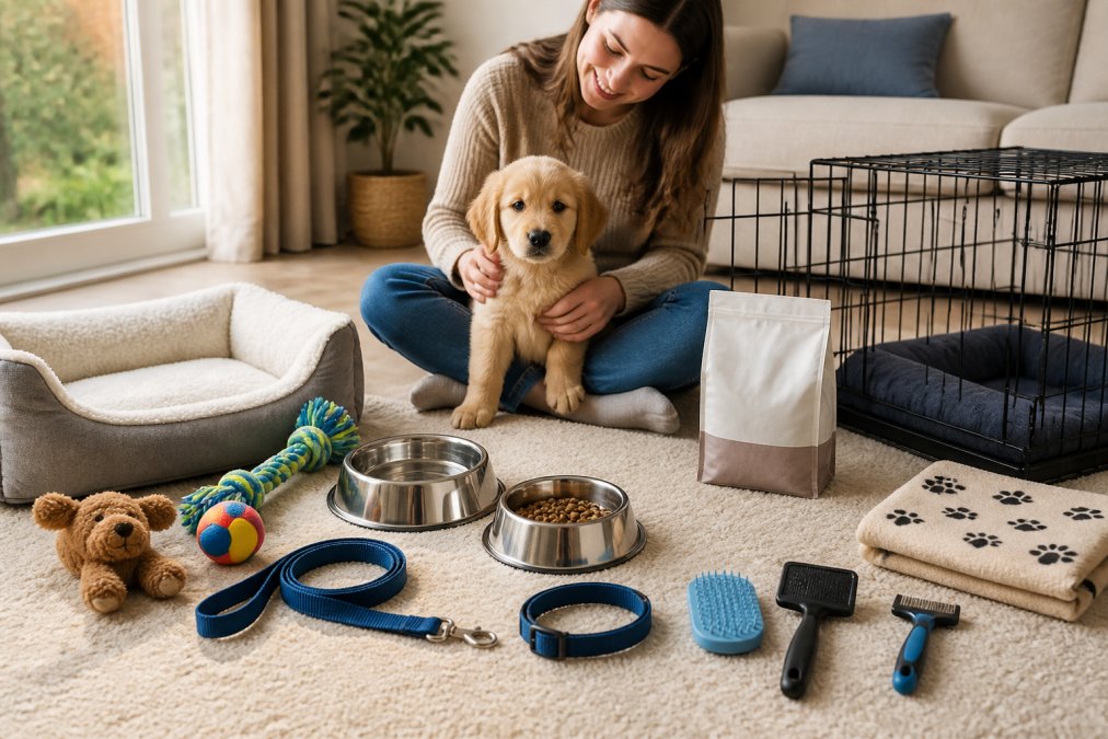 New puppy owner surrounded by essential supplies on a clean floor including food bowls, toys, collar, leash, crate, bedding, and grooming tools arranged neatly, with natural window lighting