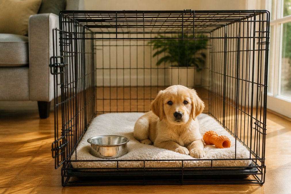 Comfortable puppy crate setup with soft bedding, water bowl, and chew toy inside, positioned in a bright home environment with natural sunlight