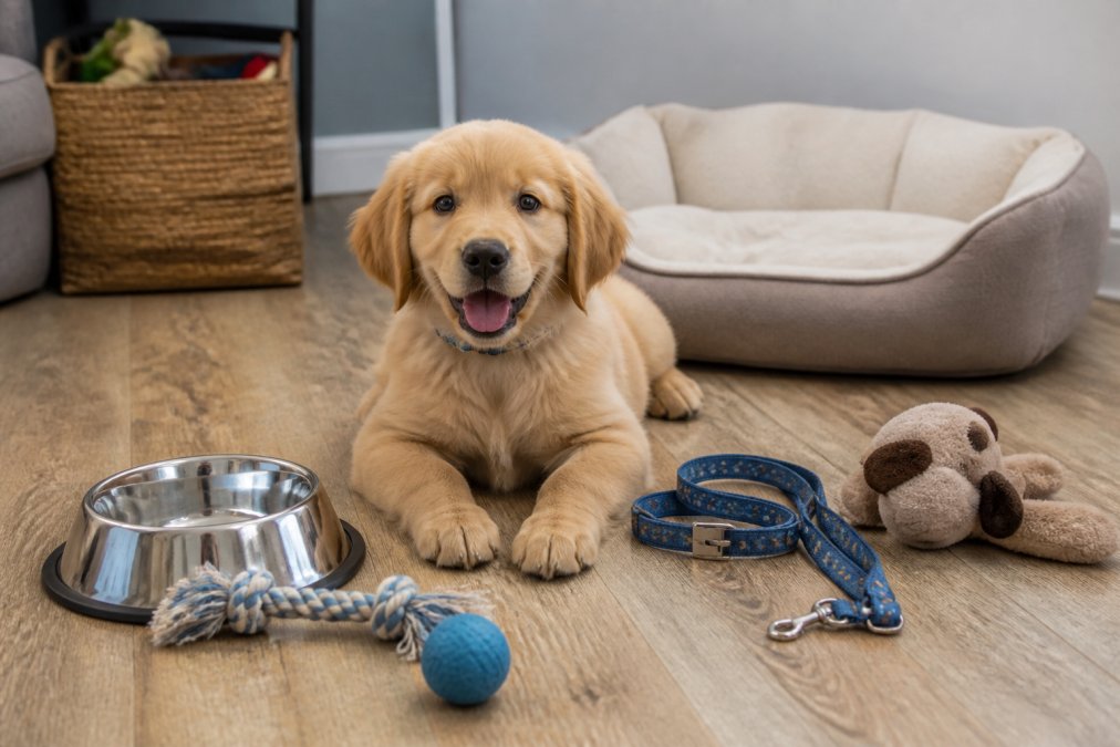 A new puppy surrounded by essential puppy supplies for first time owners like a bed, bowl, toys, and leash.