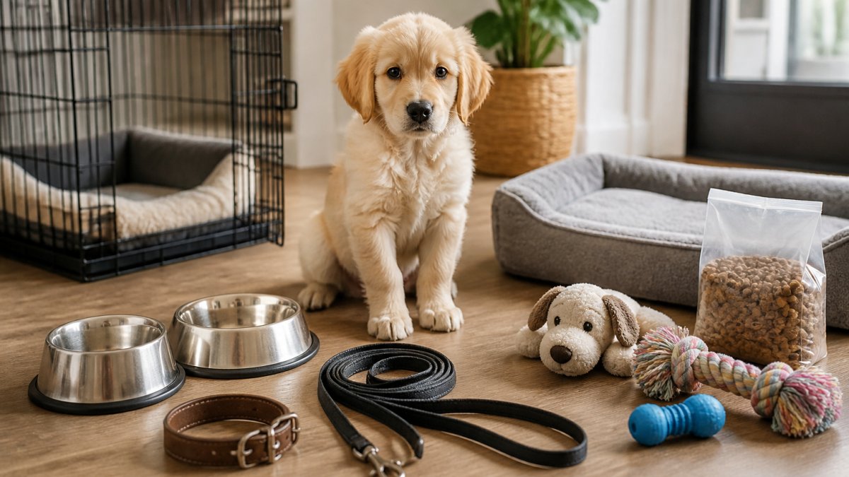 New puppy sitting in a bright home surrounded by essential supplies including food bowls, toys, crate, leash, collar, and bedding arranged neatly on the floor
