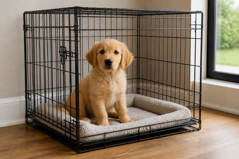 Young puppy sitting comfortably inside a properly-sized wire crate with soft bedding, looking calm and content in natural daylight