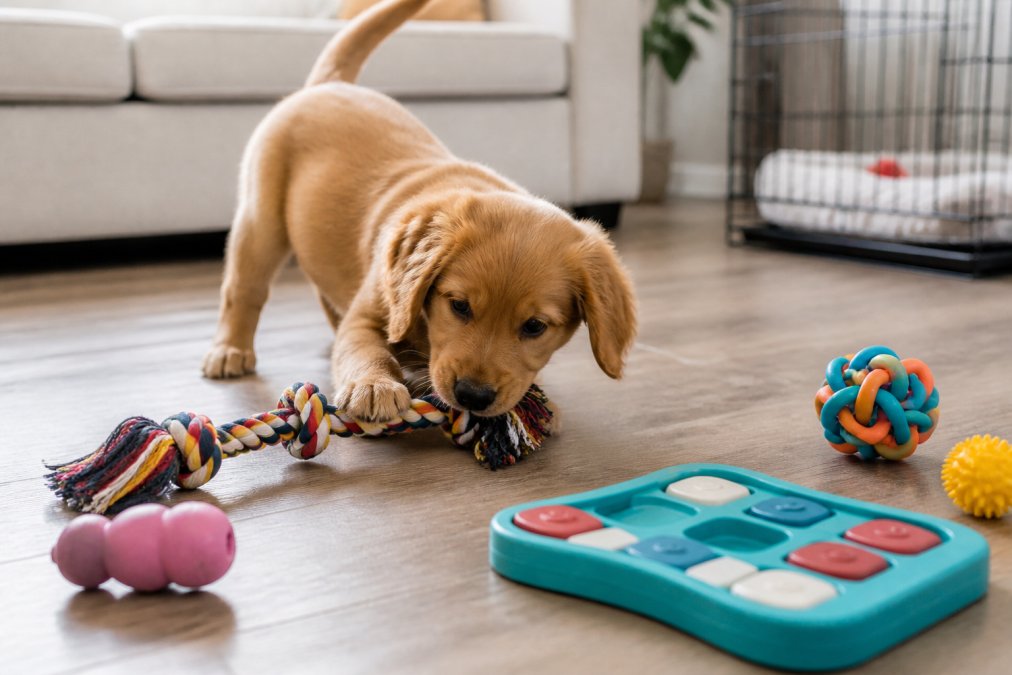 Playful puppy actively engaging with interactive rope toys and puzzle toys on a clean living room floor, showing healthy play behavior and excitement