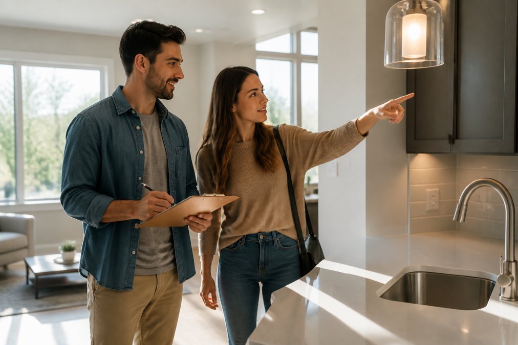 A young couple standing in a bright, modern apartment living room with large windows, one holding a clipboard and pen while the other points at a kitchen fixture, sunlight streaming across quartz countertops